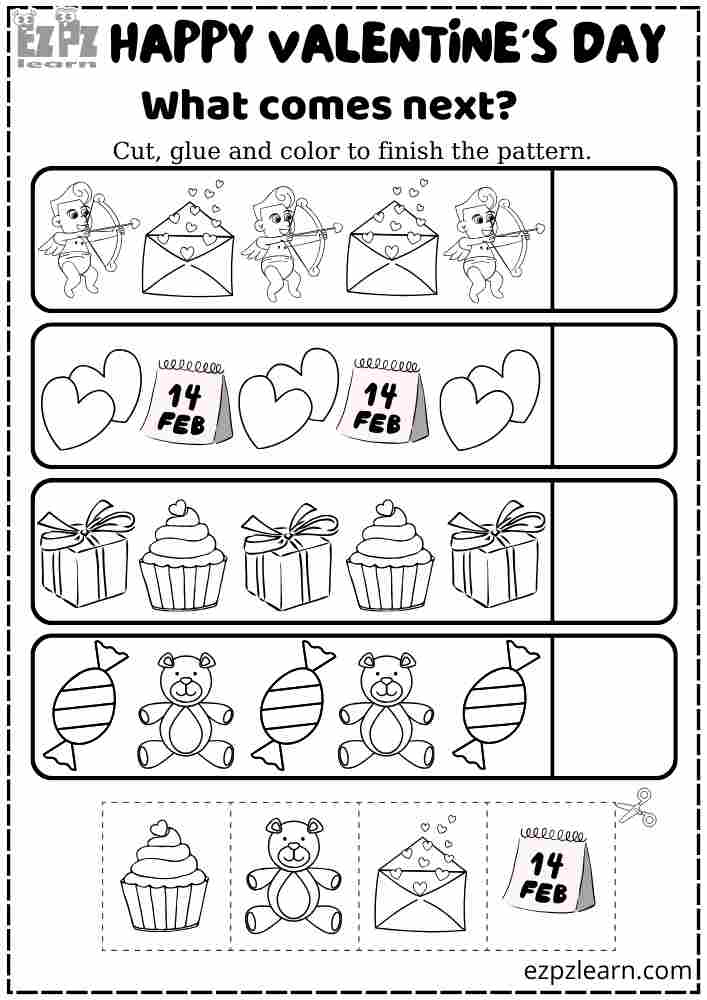 What Comes Next Number 3 Valentines Day Activity for Kindergarten Classroom Students Free PDF